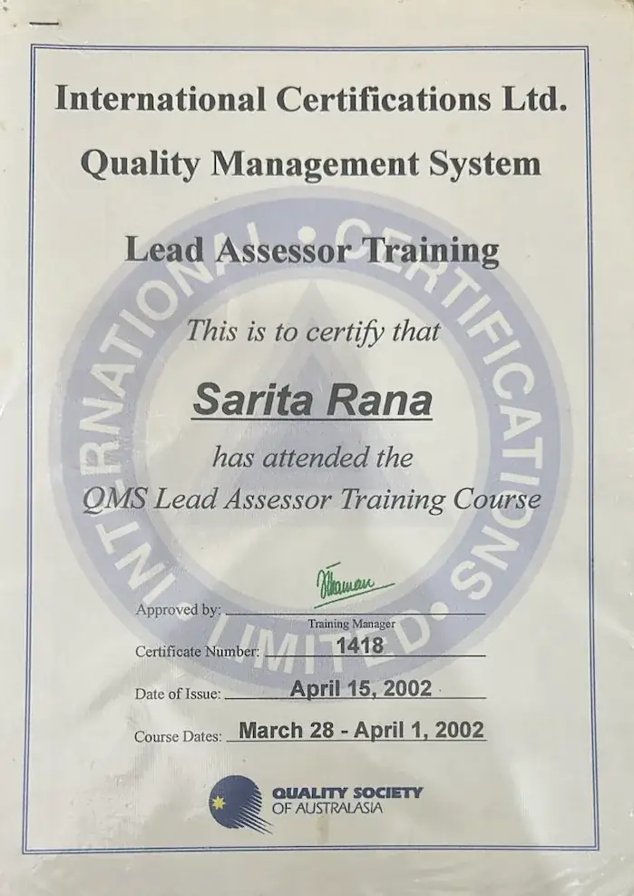 QMS Lead Assessor Training Certificate